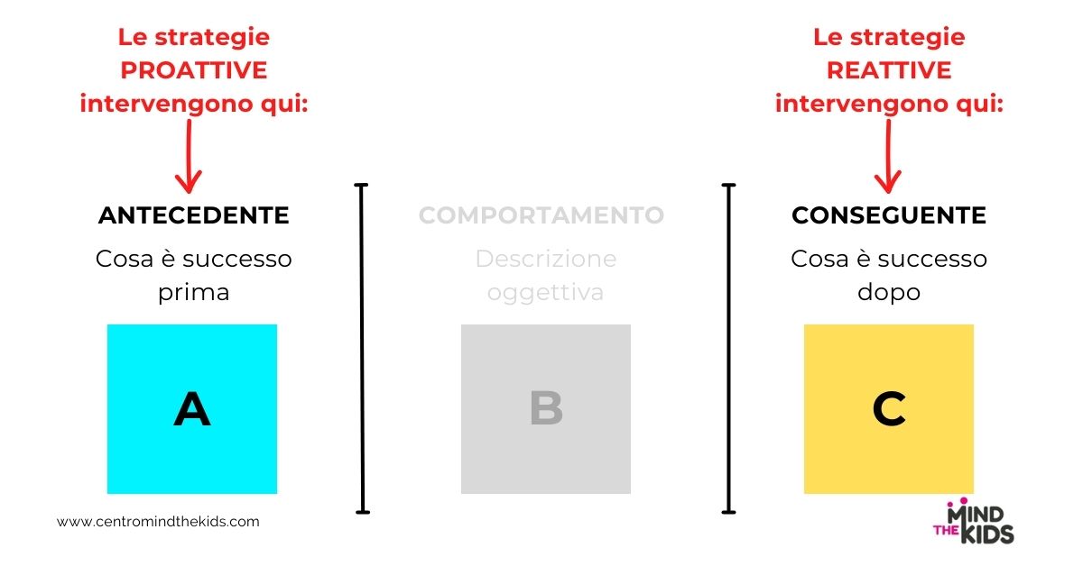 Dopo l'osservazione e la misurazione si scelgono le strategie di intervento: quelle pro attive agiscono sugli antecedenti del comportamento, quelle reattive sui conseguenti del comportamento