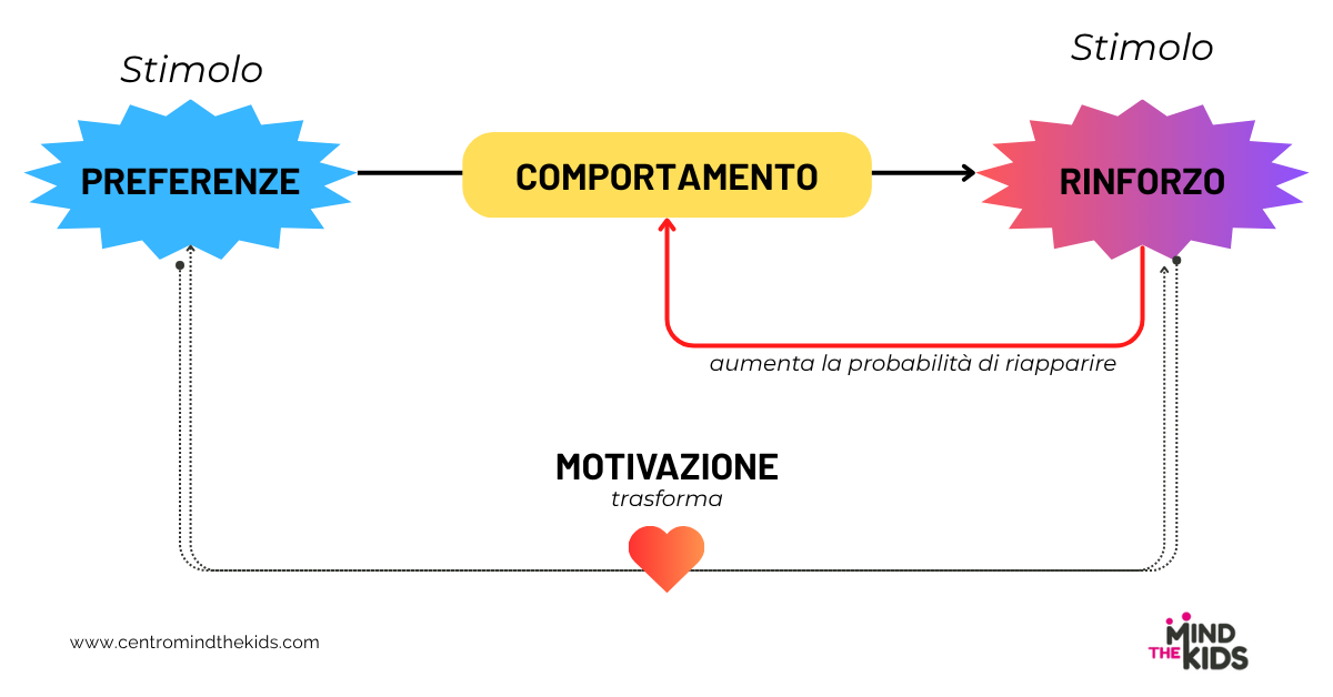 L'immagine propone uno schema che spiega la relazione fra preferenze, rinforzatori, motivazione